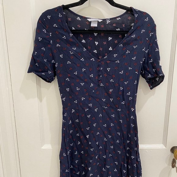 Cute patterned size 6 H&M V-neck navy dress with short sleeves, EUC - Picture 1 of 6
